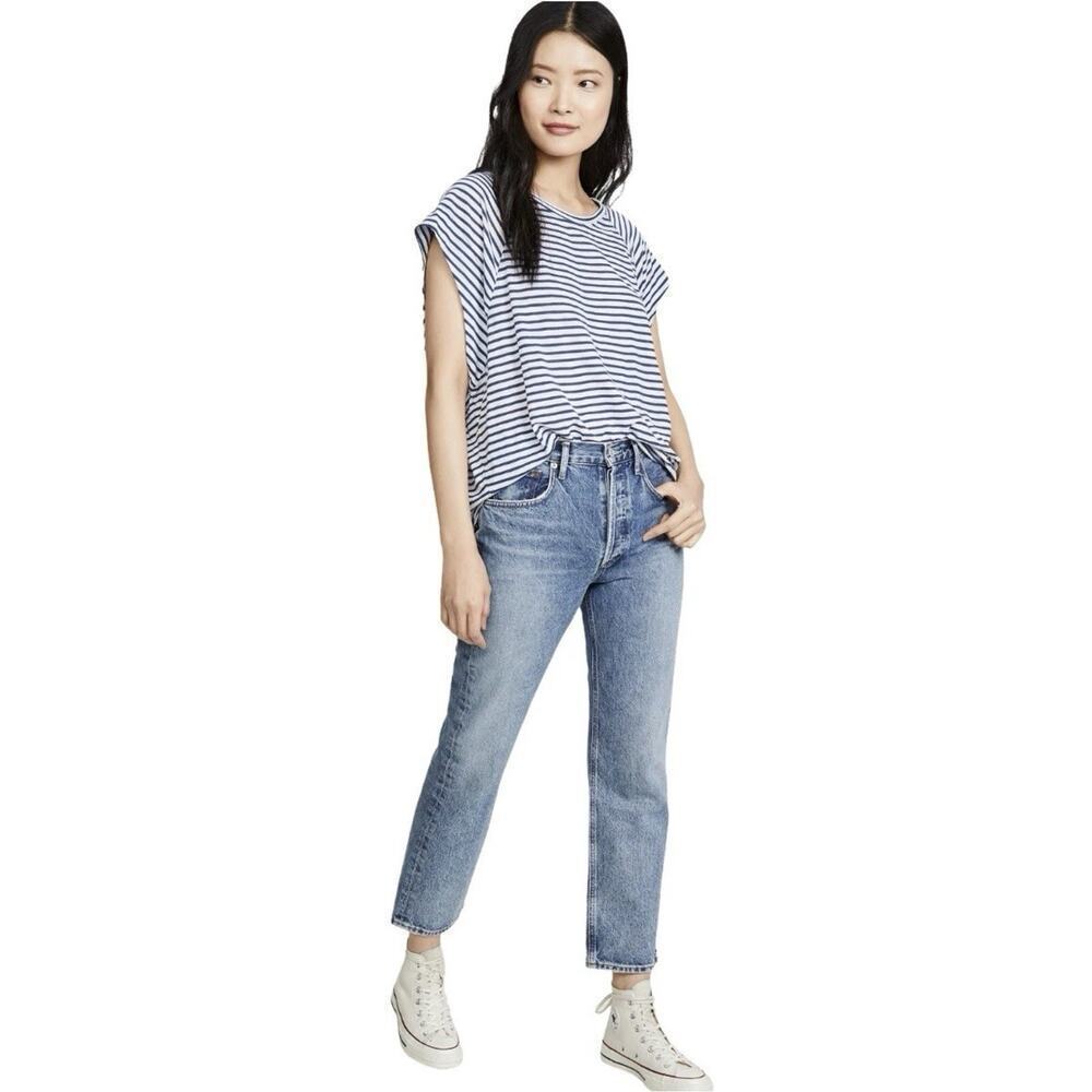 We The Free People Womens Blue White Striped T Shirt Sz S Halo Cap Sleeve Boho - Picture 3 of 13